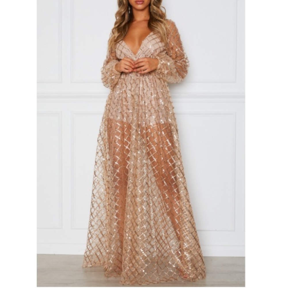NWT White Fox Gold Sequin Maxi Sheer Long Sleeve Dress